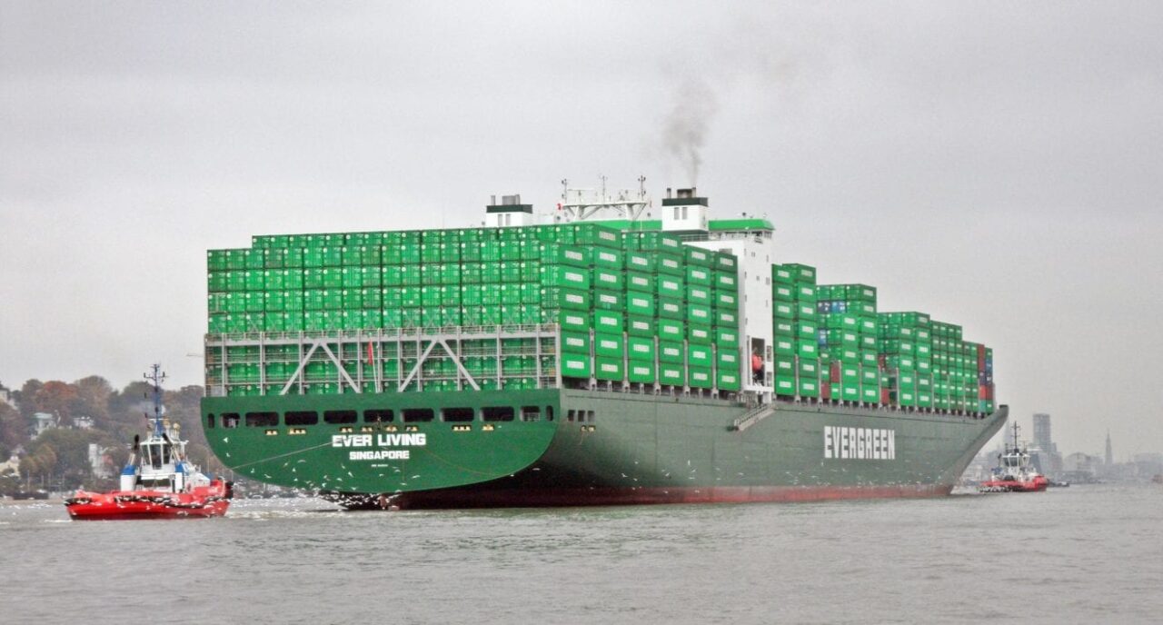Container ship Ever Living on the river Elbe Destination Hamburg rear side