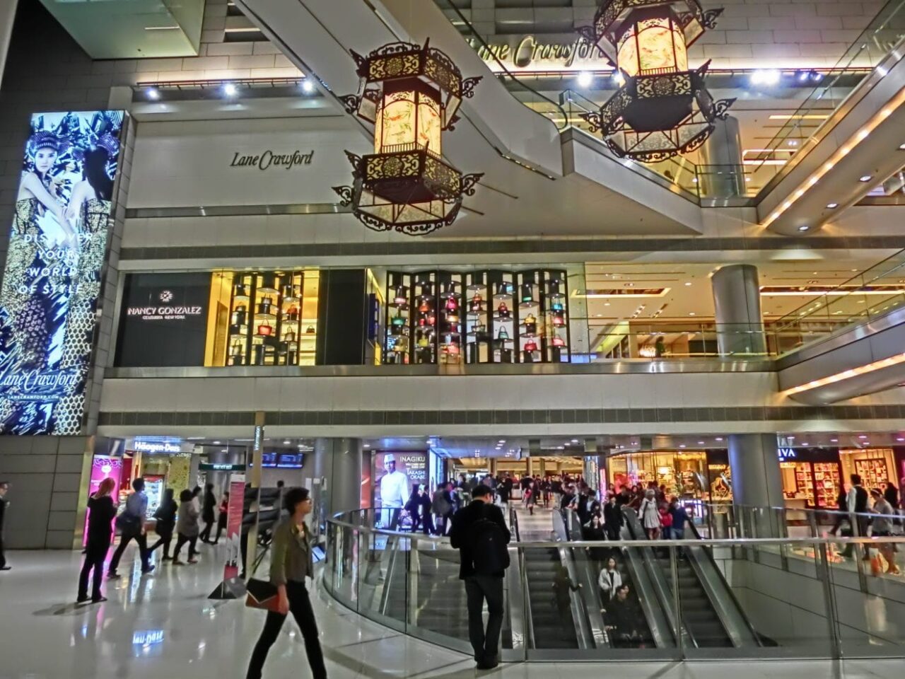 HK Central IFC Mall interior evening shop Lane Crawford n Nany Gonzálezs n Escalators Feb 2013