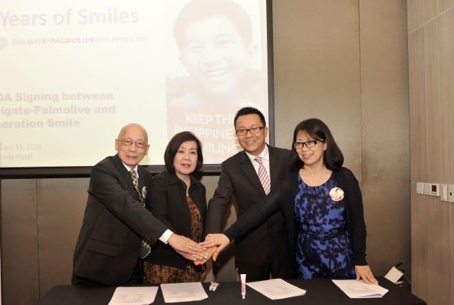 To Kick-off the company’s 90th Year, a MOA was signed between Colgate-Palmolive Philippines and Operation Smile Philippines to bring brighter smiles to children with oral cleft. In the picture (L-R): Bobby Manzano (Country Director of Development for Operation Smile Phils), Edith Villanueva (Chairman Board of Trustees, Operation Smile Phils), Stephen Lau (Vice-President/General Manager, Colgate-Palmolive Phils) and Jennifer Peng (Finance Director, Colgate-Palmolive Phils)