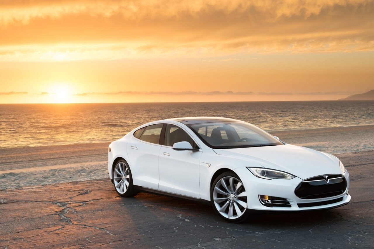 Tesla Model S front view sunset