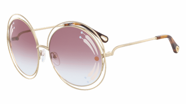 carlina sunglasses with light gold frame and artistic print on burgundy lenses