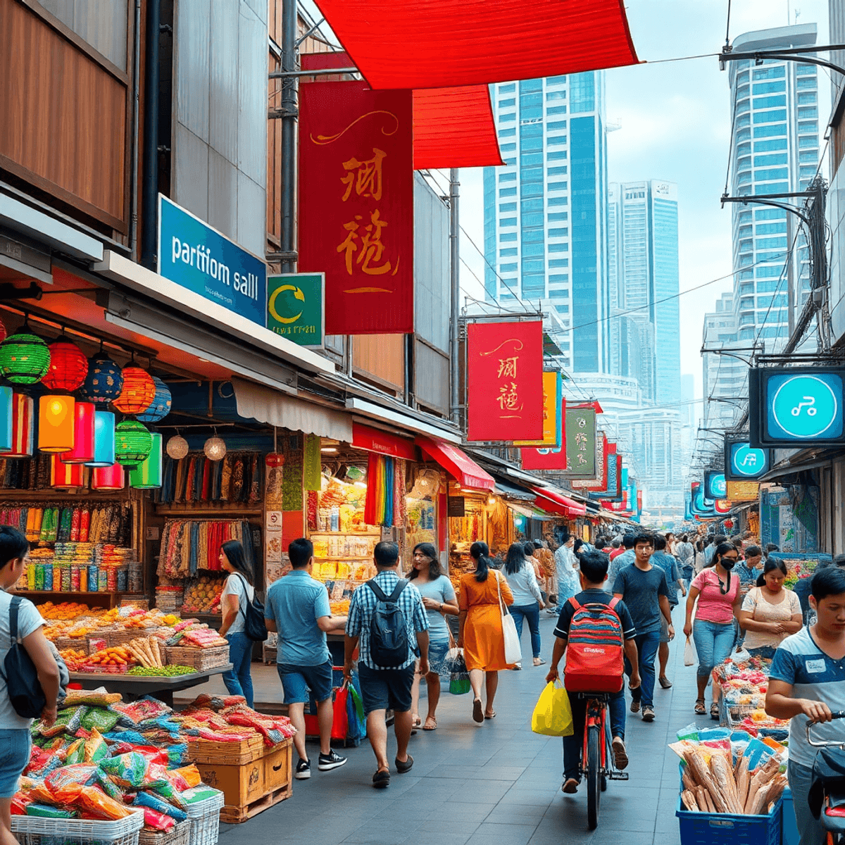 A lively street market with colorful stalls and diverse shoppers, blending traditional and digital elements, set against a cityscape with tech icon...