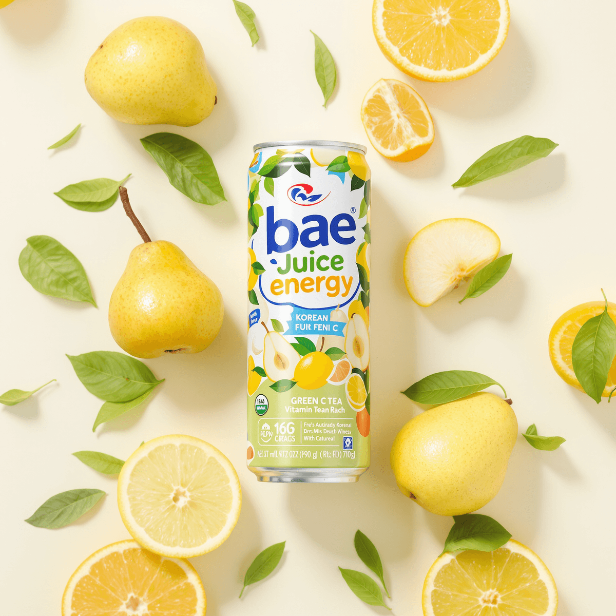 A vibrant Bae Juice Energy can surrounded by Korean pears, green tea leaves, and citrus fruits on a bright background symbolizing natural energy.